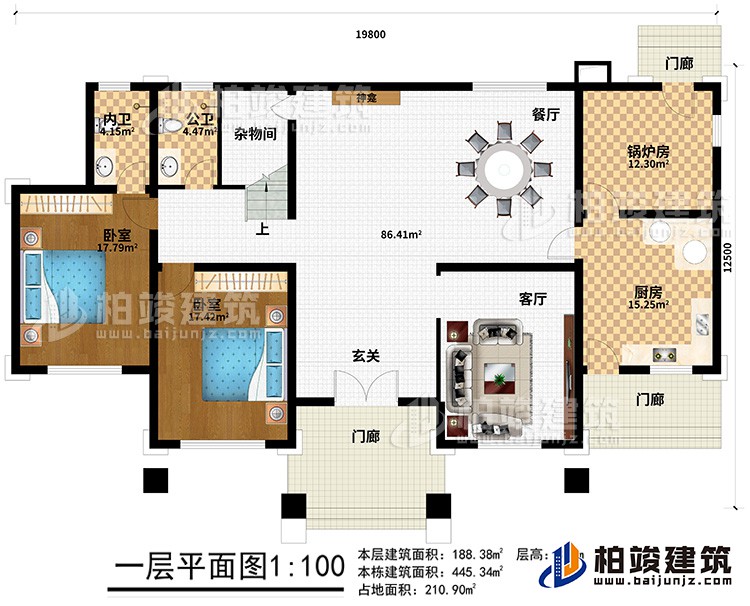 一层：3门廊、玄关、客厅、厨房、锅炉房、2卧室、餐厅、神龛、杂物间、公卫、内卫