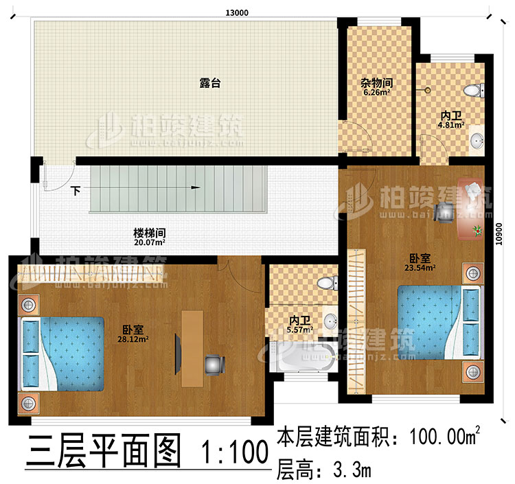 三层：2卧室、楼梯间、露台、2内卫、杂物间